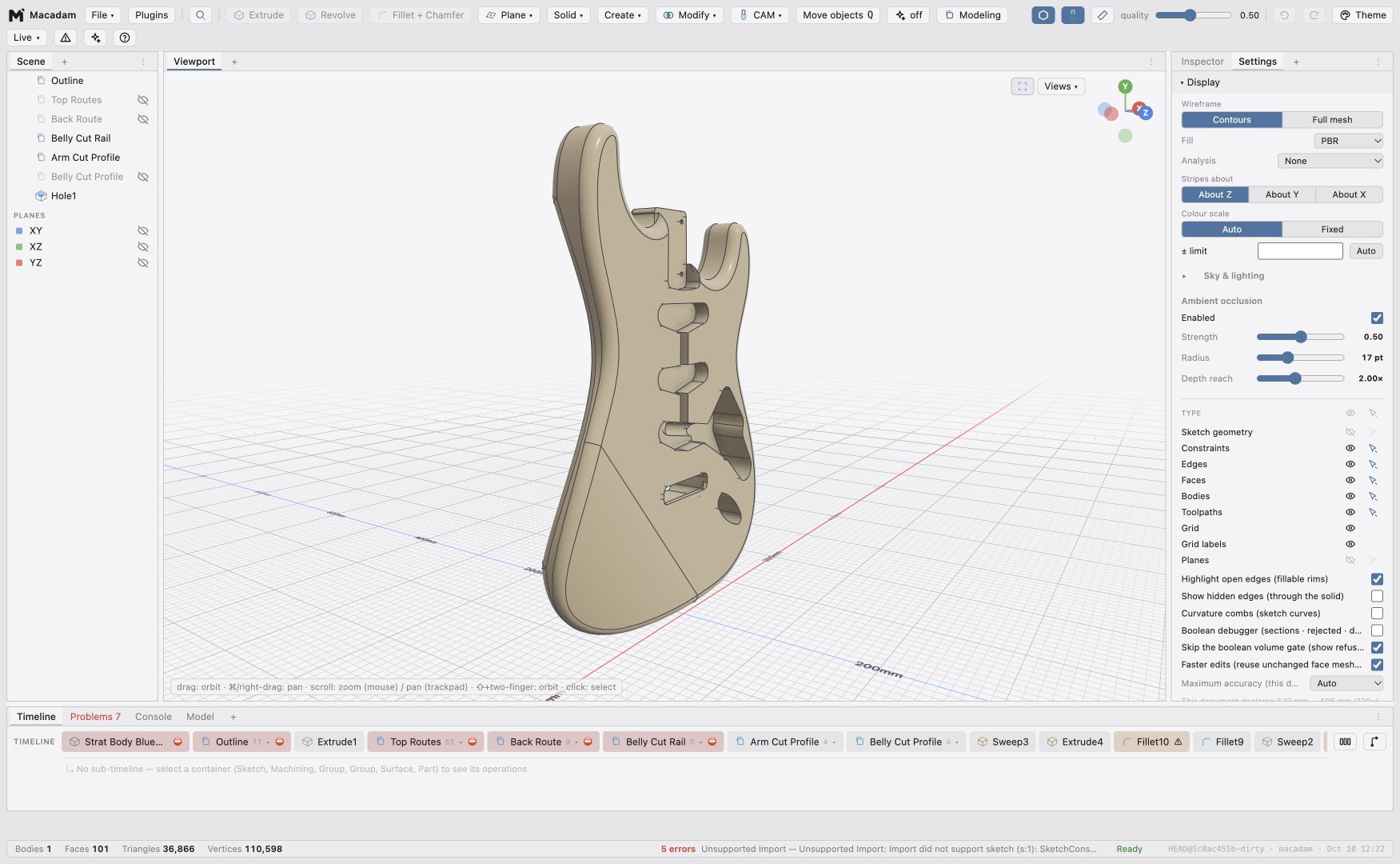An imported design with an editable timeline in Macadam